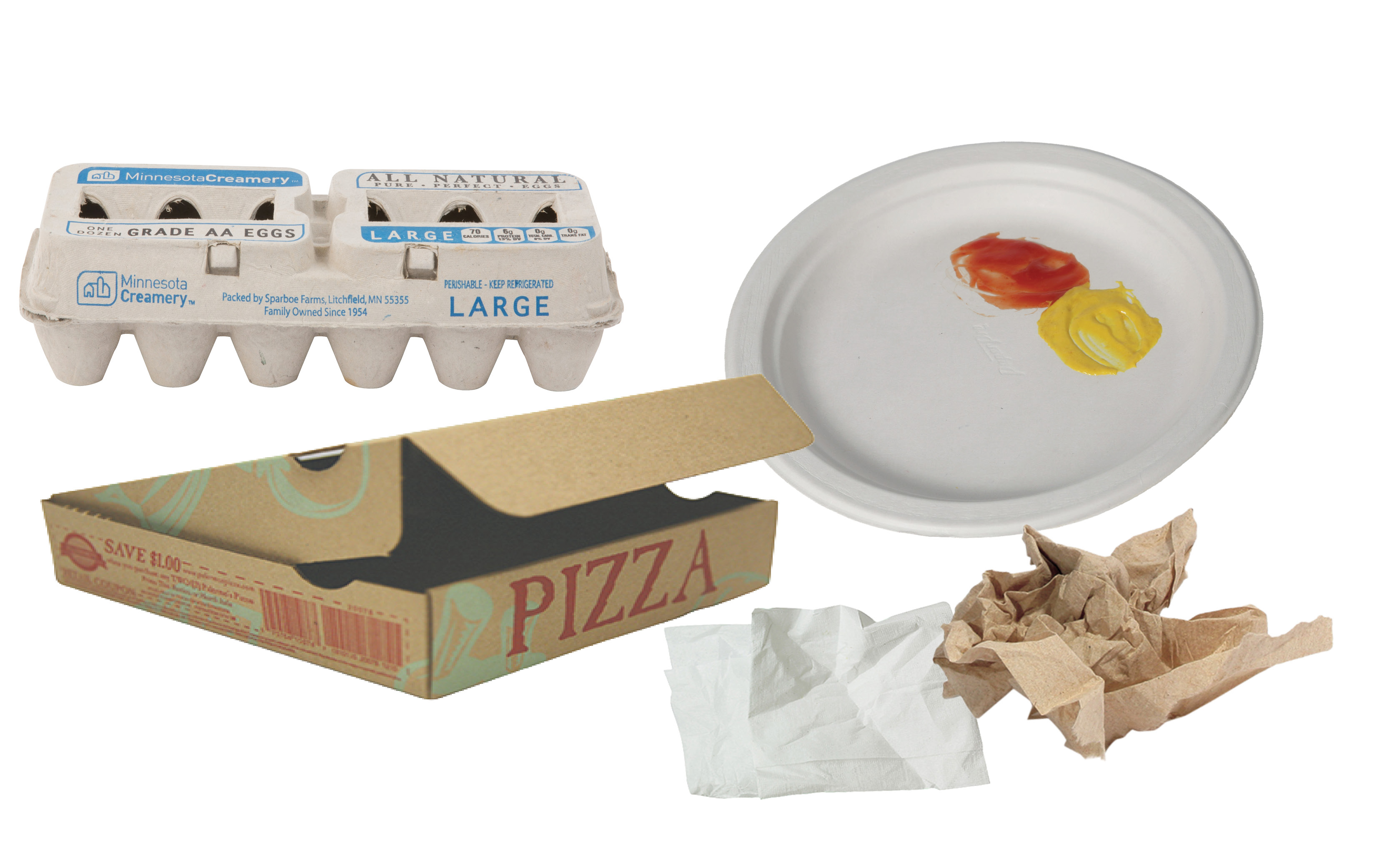 egg carton, pizza box, compostable plate and napkin