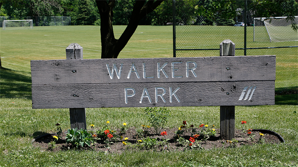 Entrance sign and soccer fields at Walker Park
